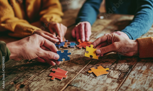 gros plan sur des mains qui tiennent des pièces de puzzle, coopération, entre-aide, stratégie