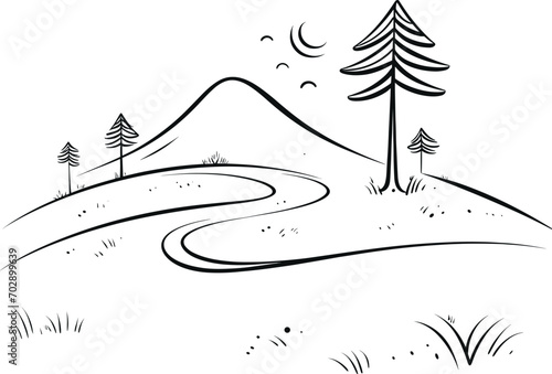 landscape mountain and forest line art logo design vector. AI generated illustration.
