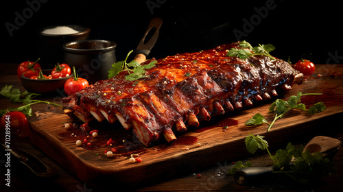 A rack of delicious ribs with barbecue sauce, vegetables and herbs.