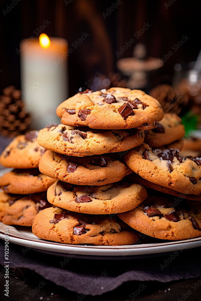Healthy oatmeal cookies with chocolate in a plate on a wooden table.