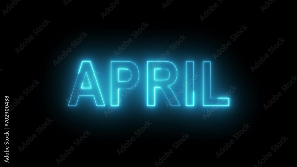 Word 'APRIL, MAY, JUNE' neon glowing on a black background with reflections on a floor. Neon glow signs in seamless loop motion graphic in 4K. Word 'APRIL, MAY, JUNE' neon glowing on a black background with reflections on a floor. Neon glow signs in seamless loop motion graphic in 4K.