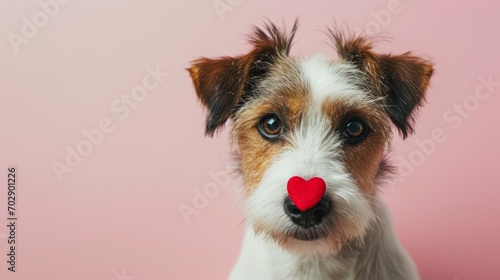 cute dog with a red heart on his nose on a pink background, women's day, valentine's day