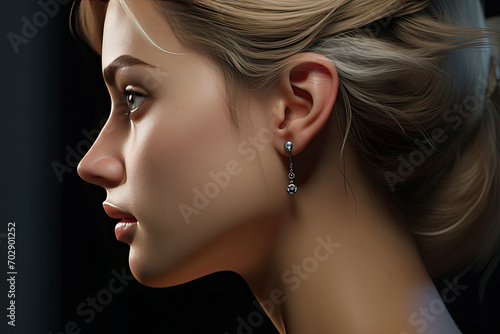 Captivating close-up portrait of a woman adorned with a cascading silver earring. The subtle play of light accentuates her serene expression and highlights the earring's intricate design. photo