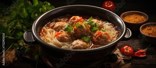 Soup with meatball served with glass noodles.