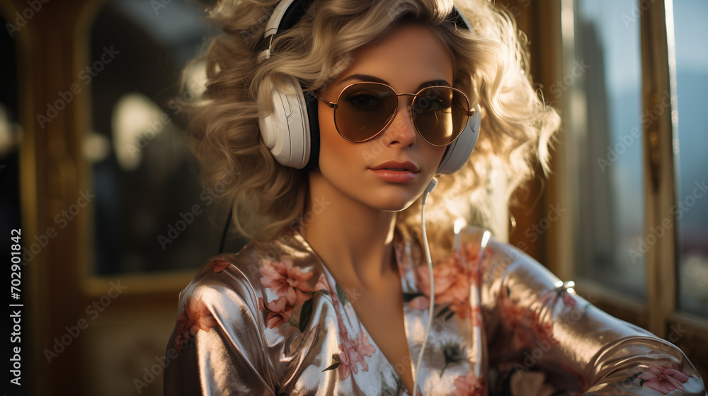 model in sunglasses, A stylish young girl in a golden light studio wearing a nice 80s dress and sporting silver headphones illustrating a wedding car with hearts By the Garda Lake in Riva del Garda, T model in sunglasses, A stylish young girl in a golden light studio wearing a nice 80s dress and sporting silver headphones illustrating a wedding car with hearts By the Garda Lake in Riva del Garda, T