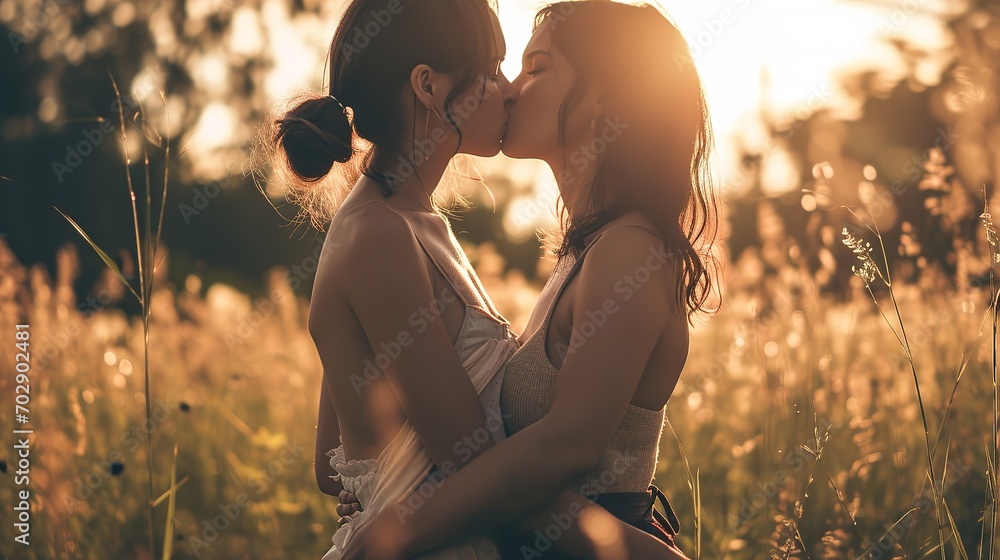 Two beautiful lesbian women kissing, very hot summer day, Romantic background, Valentine's Day - obrazy, fototapety, plakaty 