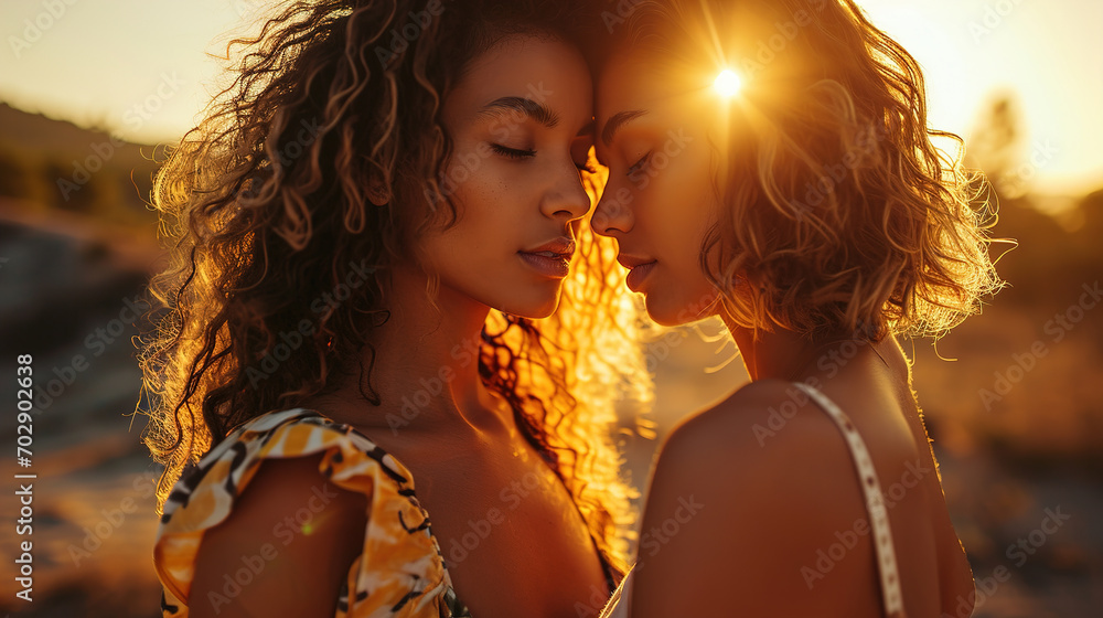 Two beautiful lesbian women kissing, very hot summer day, Romantic background, Valentine's Day - obrazy, fototapety, plakaty 