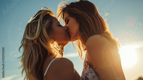 Two beautiful lesbian women kissing, very hot summer day, Romantic background, Valentine's Day