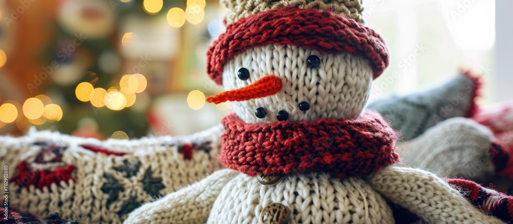 Winter toy: handcrafted knitted snowman.