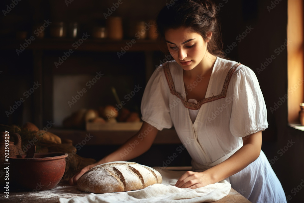 A young woman admires freshly baked bread in a rustic kitchen. The concept of traditional home baking.