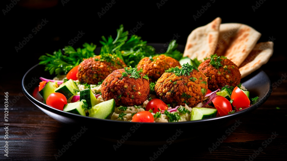 a plate of fried falafel balls and parsley leaves and vegetables on a dark background. a plate of fried falafel balls and parsley leaves and vegetables on a dark background.