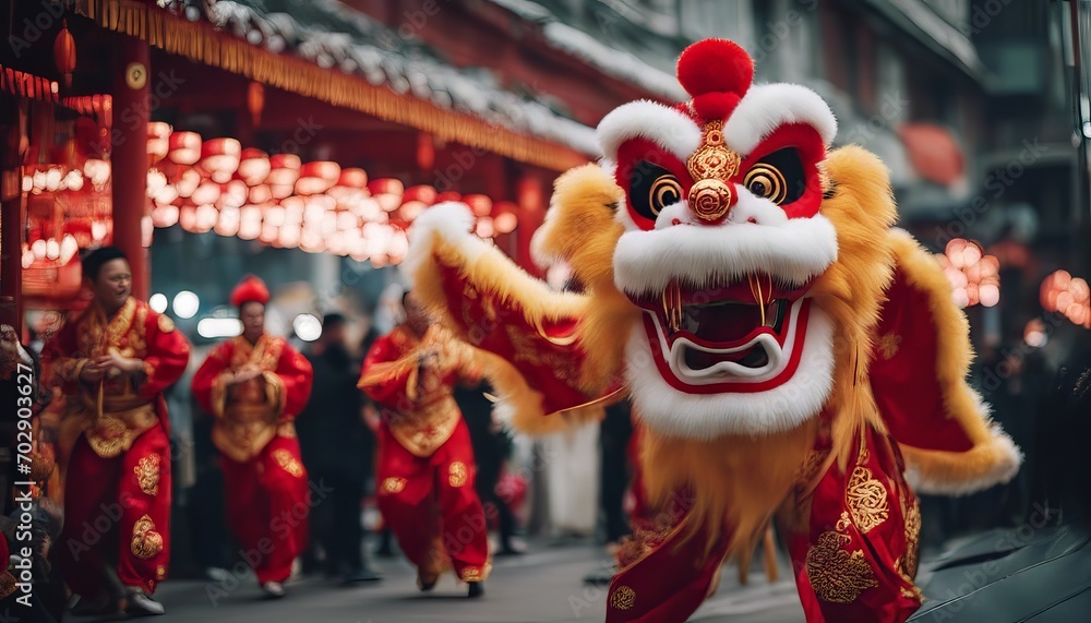 Chinese traditional lion dance costume performing at a temple in China