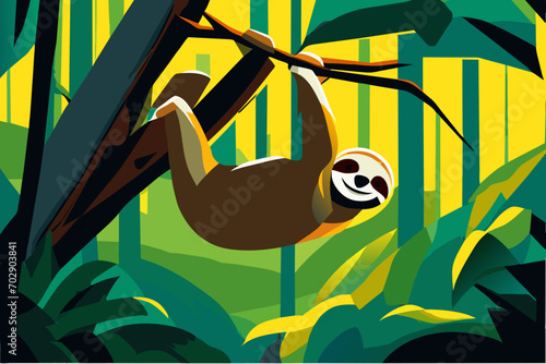 Slow-moving sloth hanging from a tree. vektor icon illustation