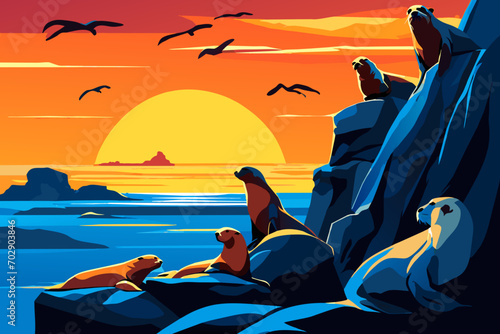 Playful sea lions on the rocks. vektor icon illustation