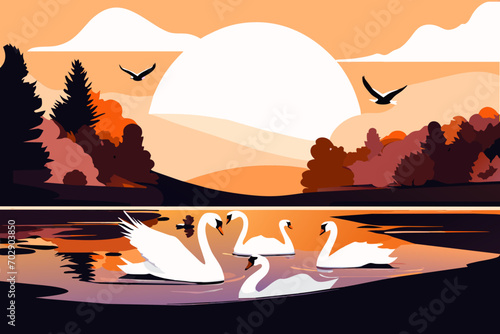 Graceful swans gliding on a pond. vektor icon illustation