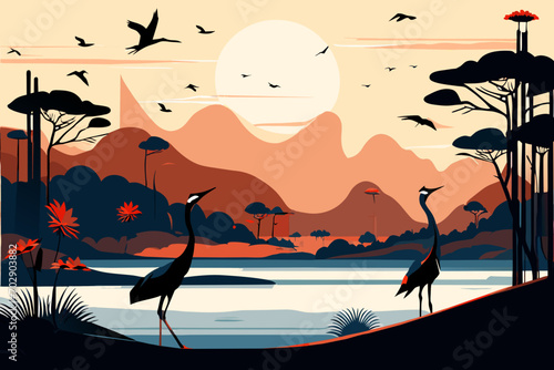 Elegant cranes in a wetland. vektor icon illustation
