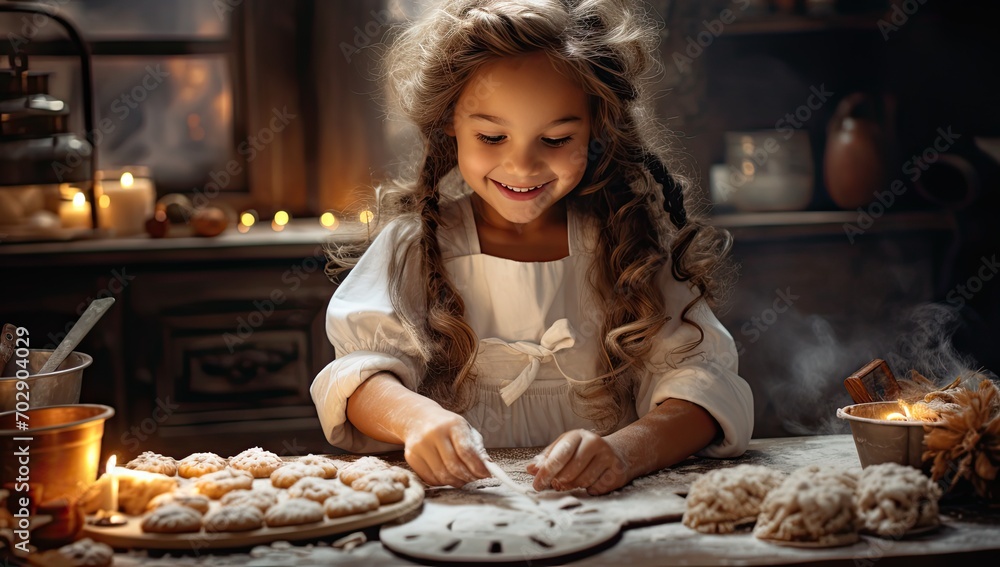 Little baker girl is preparing cookies in the kitchen.