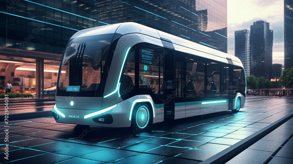 Self driving shuttle bus waiting at bus station