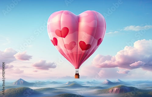 Pink heart balloon flying over cloudy blue sky