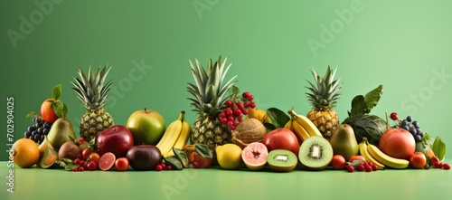Different fruits on a table on a green background.