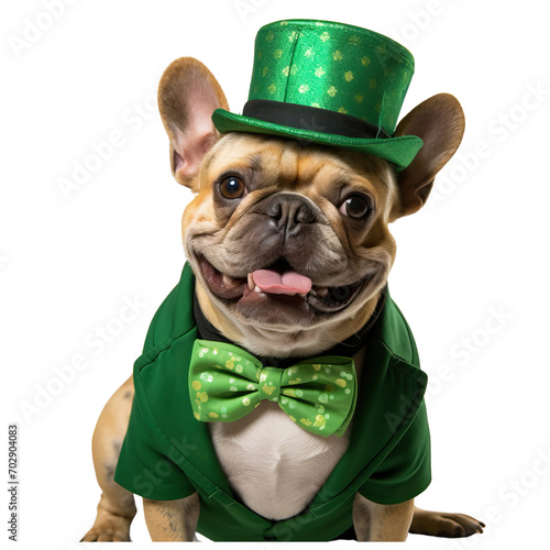 French Bulldog celebrating St. Patrick's Day dressed as a leprechaun in green top hat and bow tie on transparent background