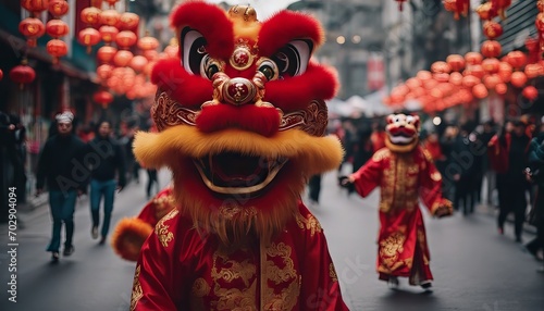 Chinese traditional lion dance costume performing at a temple in China © Adi