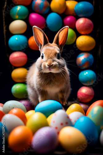 rabbit and multi-colored eggs on a dark background. easter © Anna