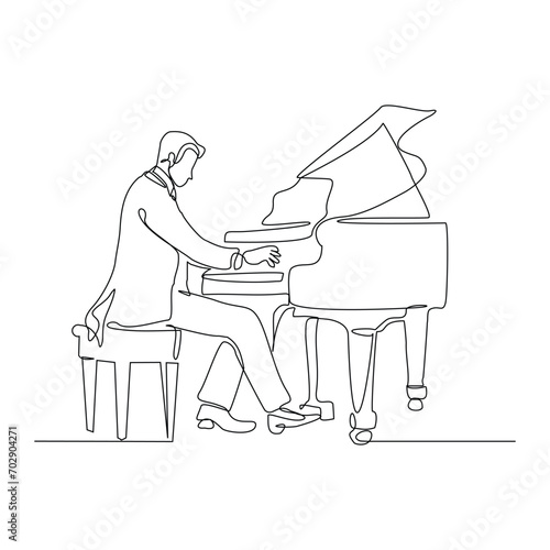Continuous single line sketch drawing of professional pianist man playing classic piano orchestra. One line art of classic musician vector illustration