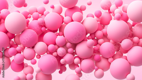 Pink random flying spheres background for Happy Valentine's day or love concept. Pink matte soft balls for romantic postcard, flyer, banner, invitation or poster. Vector 3d illustration