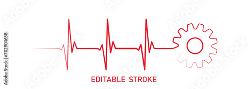 Editable lines heart rhythm illustration with gear cogwheel, heartbeat line vector design to use for healthcare, business, healthy lifestyle, medicine and ekg concept illustration projects. 