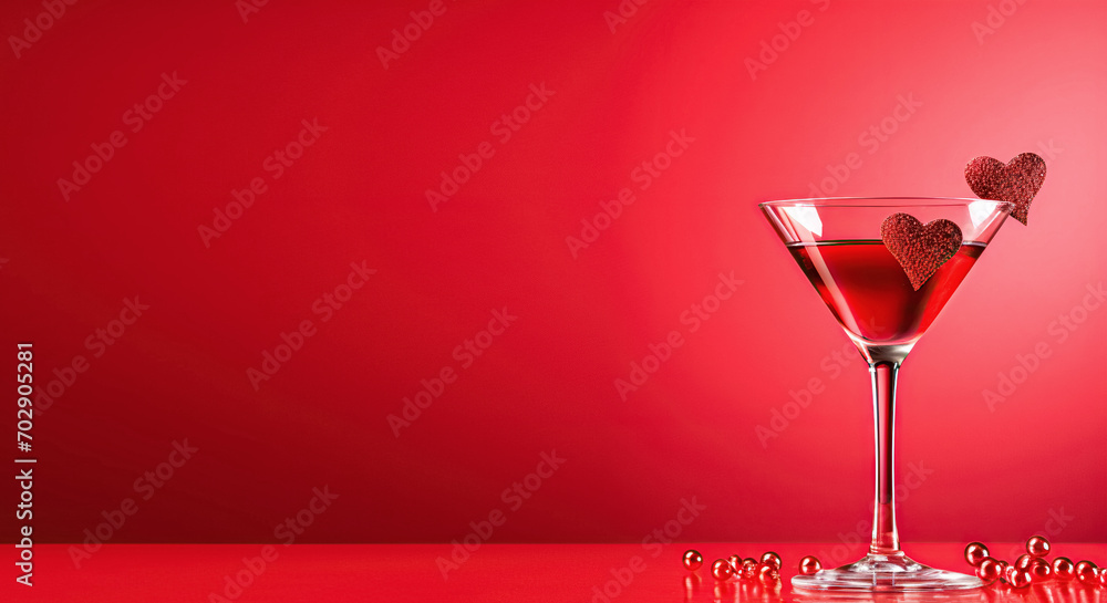 An elegant glass with martini cocktail , on a red background. Concept for Valentine's Day