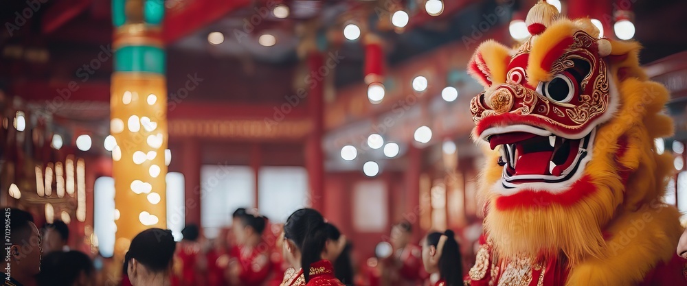 Chinese traditional lion dance costume performing at a temple in China