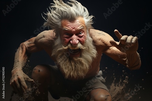 A wrinkled middle-aged man running in mud. Theres a huge strain on his face. Black background. Gray hair and beard. Conceptual Image. photo
