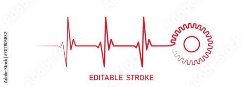 Editable lines heart rhythm illustration with gear cogwheel, heartbeat line vector design to use in healthcare, business, healthy lifestyle, medicine and ekg concept illustration projects. 