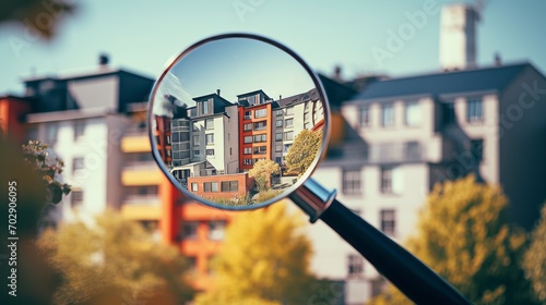 magnifying glass over the city. Real estate searching concept. Property scout.