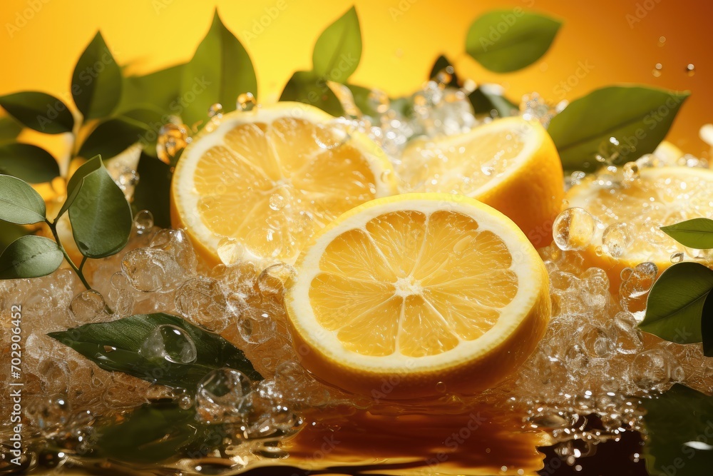 Summer background with lemons branches, leaves and fresh citrus fruits on yellow background. Citrus summer fruit wallpaper, cards, poster, postcards, invitations, weddings and birthday parties.