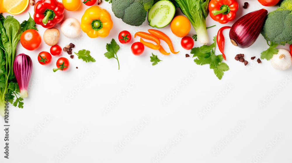 vegetables on white background top view place for text - obrazy, fototapety, plakaty 
