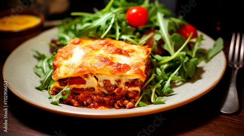 italian lasagna on a plate with greens and vegetables on a dark background