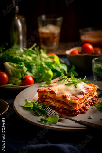 italian lasagna on a plate with greens and vegetables on a dark background