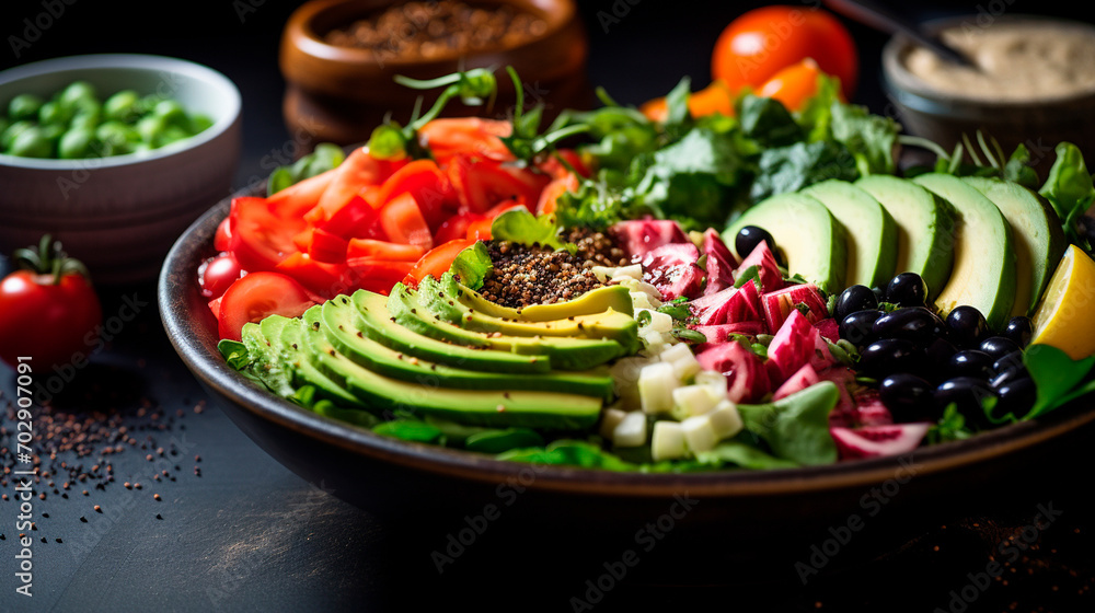 healthy food fruits vegetables top view on dark background