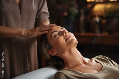 Gorgeous Mature Lady Receiving Professional Spa Massage from Therapist while Relaxing with Eyes Shut.