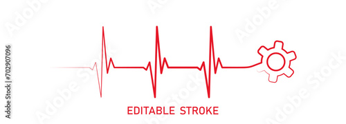 Editable lines heart rhythm illustration with gear cogwheel, heartbeat line vector design to use in healthcare, business, healthy lifestyle, medicine and ekg concept illustration projects. 