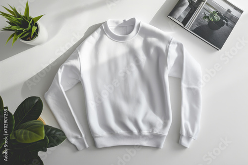 White Crewneck Sweatshirt Mockup with Plant and Magazine