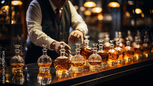 A closeup of various liquors in bottles and the male purchaser selecting one.