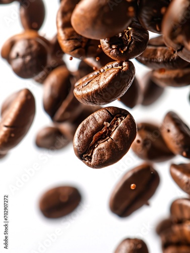 Close-up of isolated coffee beans suspended in the air on a white backdrop.