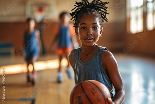 Primary pupil dribbling a basketball in a gymnasium with her instructor and companions in the backdrop. photo