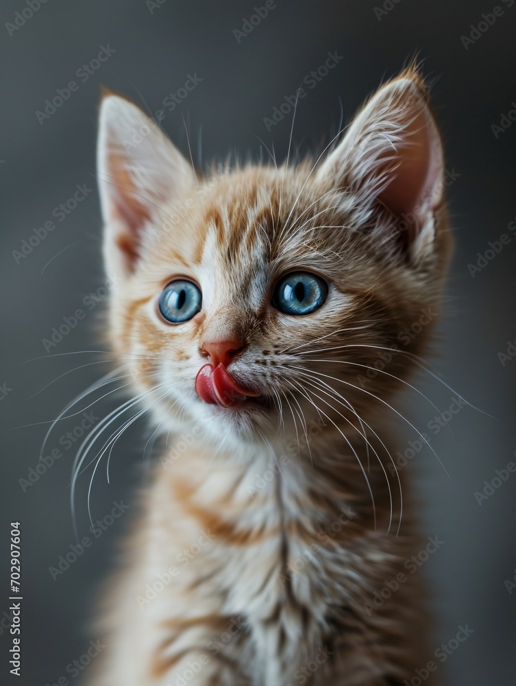 Amusing feline licks its lips. Close-up of a white and red kitty with stunning blue eyes gazing straight ahead. Adorable famished cat. Professional picture. Blank area for words. Amusing feline licks its lips. Close-up of a white and red kitty with stunning blue eyes gazing straight ahead. Adorable famished cat. Professional picture. Blank area for words.