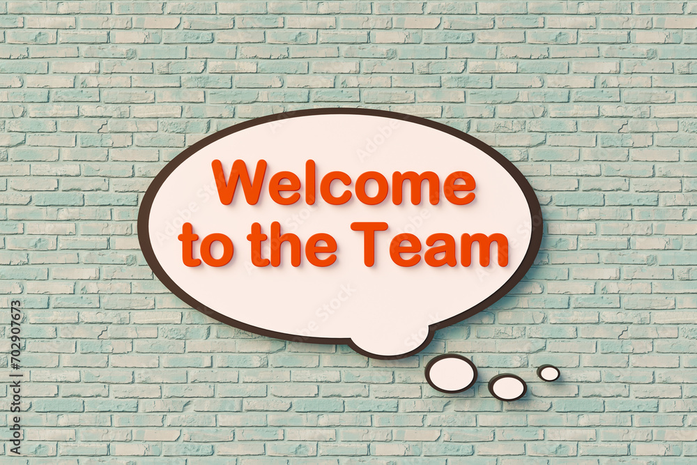 Fototapeta premium Welcome Back. Speech bubble, orange letters against the brickwall. Team spirit, togetherness, welcoming sign. 3D illustration