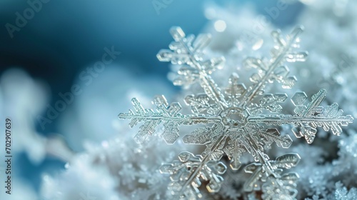 A close-up of a perfectly formed snowflake, showcasing its intricate patterns, under a macro lens, on a plain, soft blue background.
