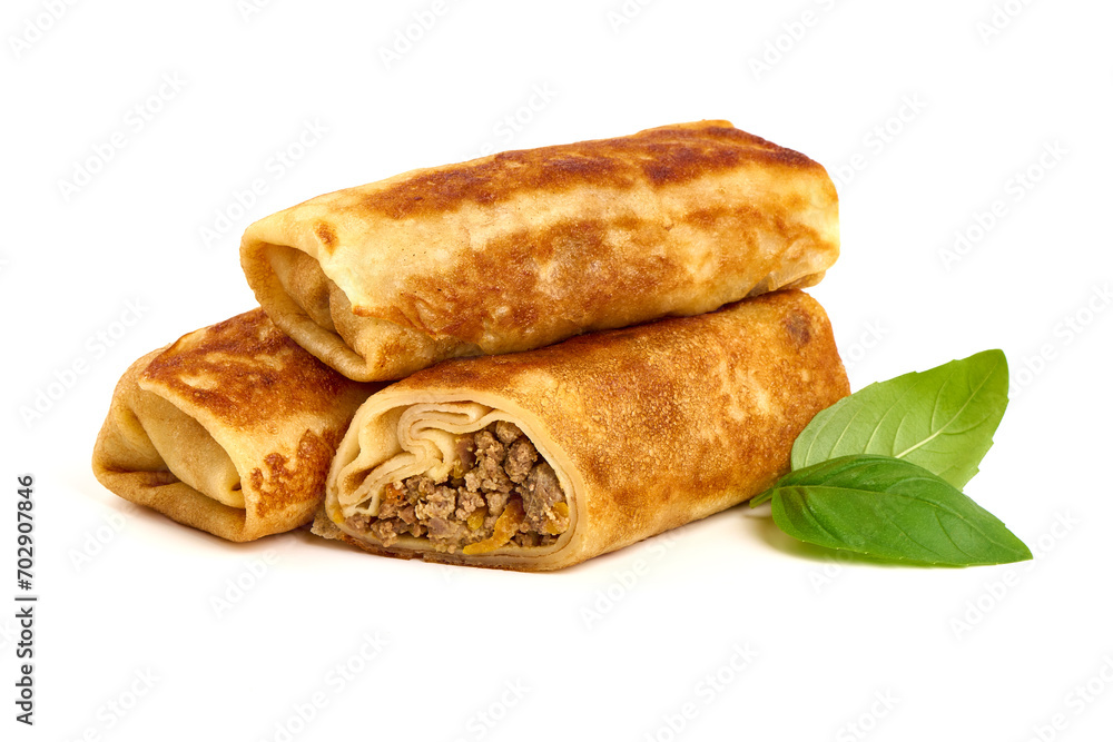 Pancake rolls stuffed with ground meat, isolated on white background. High resolution image.